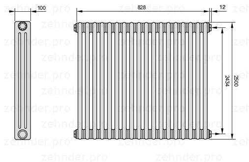 Схема (чертеж) Радиатор Zehnder Charleston 3250/18 №7610 Белый глянцевый RAL 9016